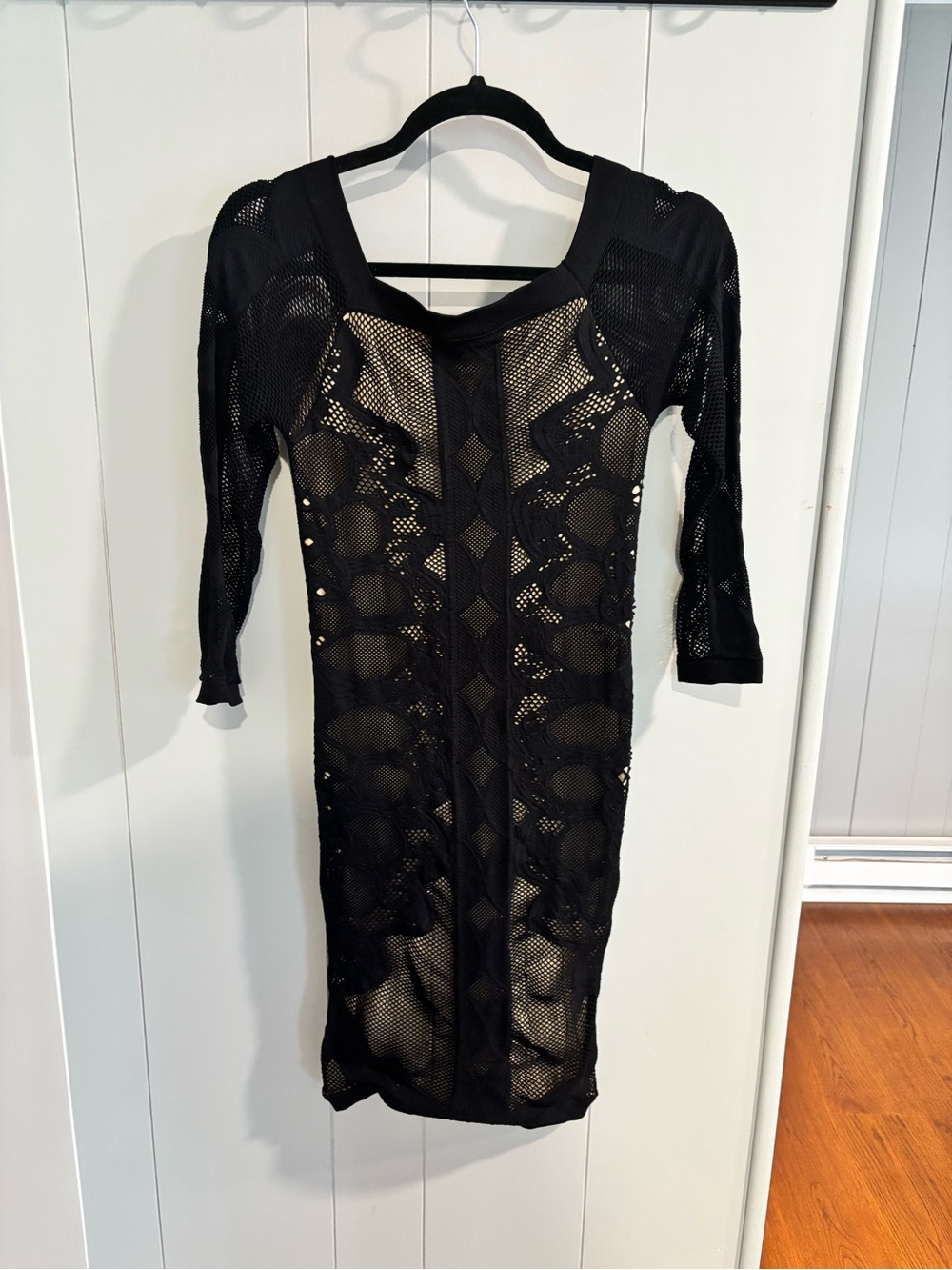 bebe Black Sheer Crochet Long Sleeve Bodycon Dress